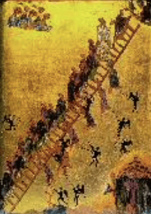 Reproduction of a twelfth-century icon depicting the Ladder of St John Climacus, from St Catherine’s Monastery on the Sinai Peninsula.
Source: Frühe Ikonen. Sofia and Belgrade: Bulgarski Hudozhnik and Jugoslavija Verlag, 1972